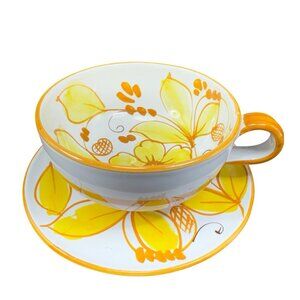 Italian Pottery Oversized Teacup And Saucer Set Hand Painted Yellow Flowers VTG